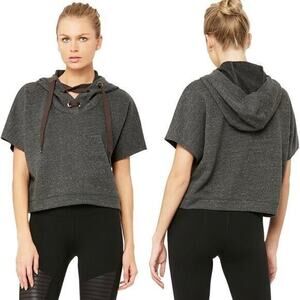 Alo Yoga Realm Short Sleeve Charcoal Gray Hoodie Top
